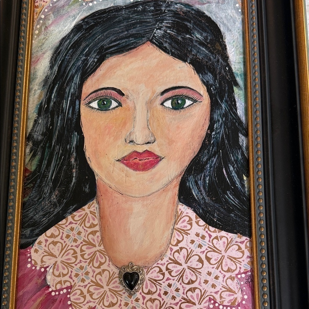 Original Art Black Haired Woman Acrylic Mixed Media 11x15 framed